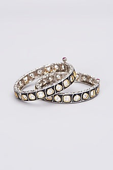 Black Rhodium Finish Kundan Polki Kadas (Set Of 2)