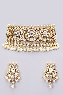 Gold Finish Kundan Polki & Pearl Necklace Set