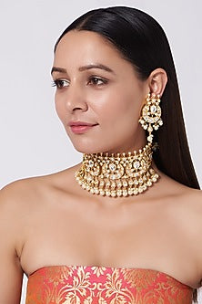 Gold Finish Kundan Polki & Pearl Necklace Set