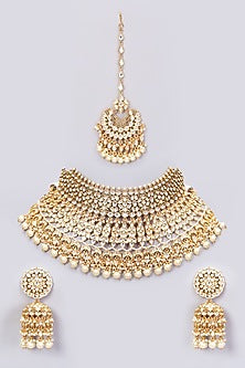 Gold Finish Kundan Polki & Pearl Necklace Set