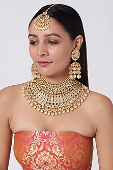 Gold Finish Kundan Polki & Pearl Necklace Set