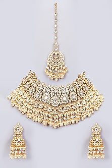Gold Finish Pearl & Kundan Polki Necklace Set