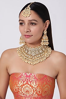 Gold Finish Pearl & Kundan Polki Necklace Set