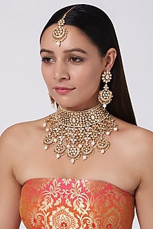 Gold Finish Kundan Polki & Pearl Necklace Set