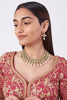 Gold Plated Kundan Polki & Pearl Necklace Set