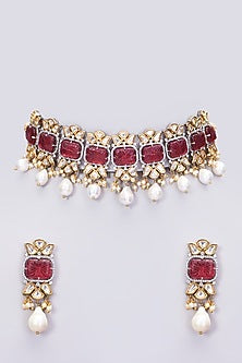 Gold Finish Choker Necklace Set With Ruby Stones