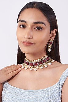 Gold Finish Choker Necklace Set With Ruby Stones