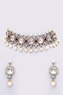 Black Rhodium Finish Kundan Polki & Pearl Necklace Set