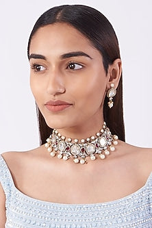 Black Rhodium Finish Kundan Polki & Pearl Necklace Set