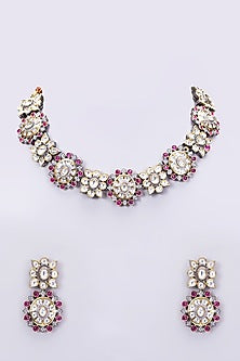 Black Rhodium Finish Kundan Polki Floral Choker Necklace Set