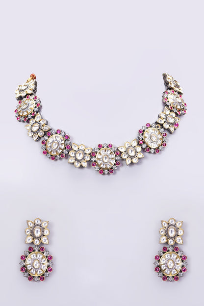 Black Rhodium Finish Kundan Polki Floral Choker Necklace Set