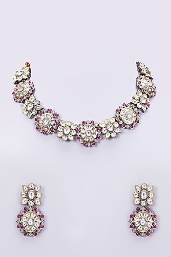Black Rhodium Finish Kundan Polki Floral Choker Necklace Set