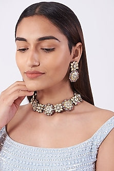 Black Rhodium Finish Kundan Polki Floral Choker Necklace Set