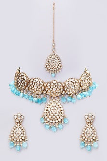 Gold Finish Kundan Polki & Blue Beaded Necklace Set