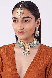 Gold Finish Kundan Polki & Blue Beaded Necklace Set