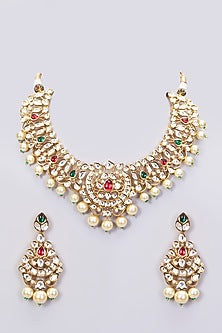 Gold Finish Red & Green Beaded Necklace Set