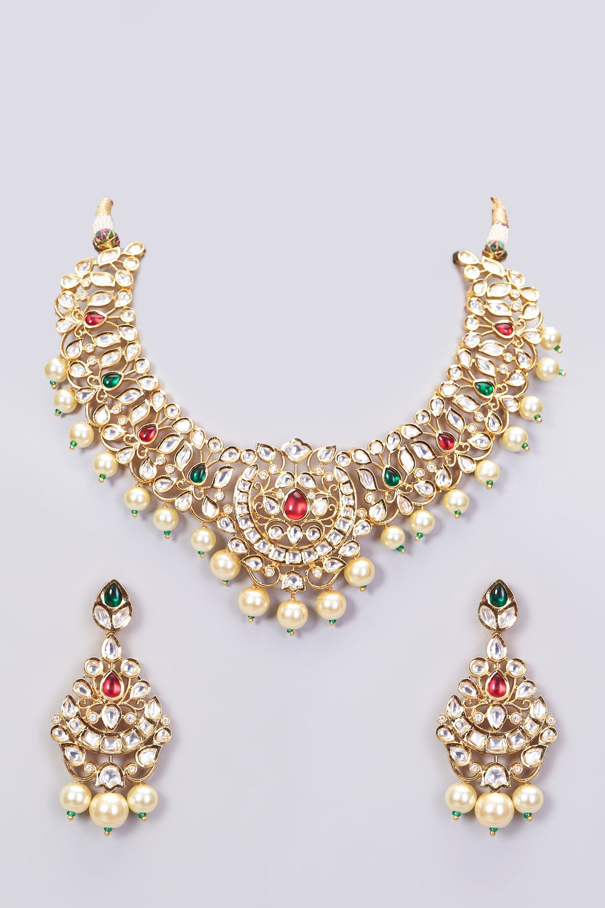 Gold Finish Red & Green Beaded Necklace Set