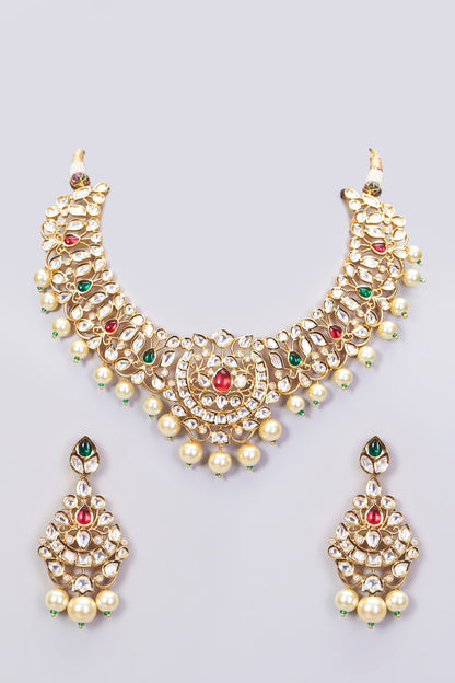Gold Finish Red & Green Beaded Necklace Set
