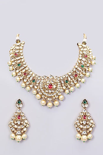 Gold Finish Red & Green Beaded Necklace Set