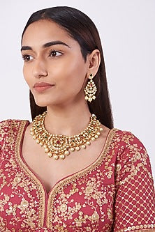 Gold Finish Red & Green Beaded Necklace Set