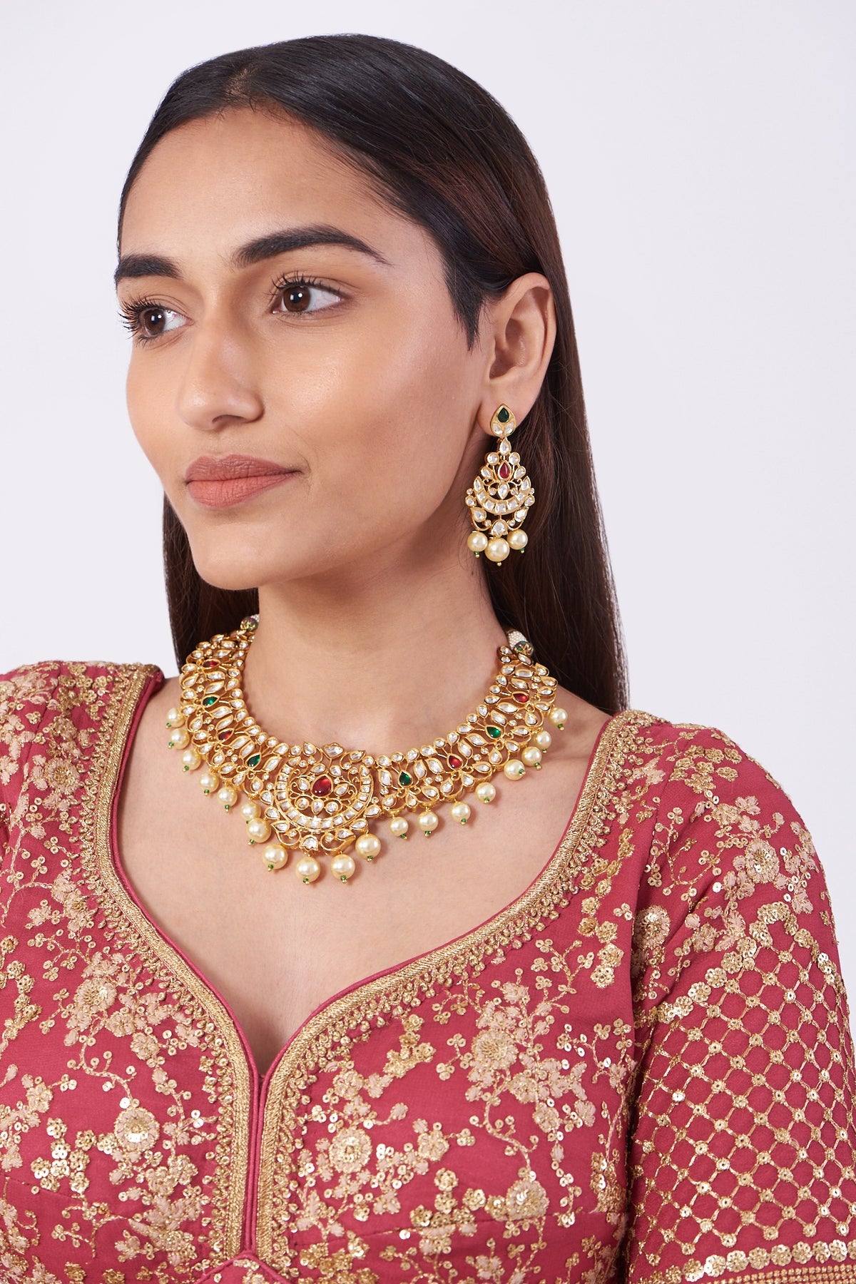 Gold Finish Red & Green Beaded Necklace Set