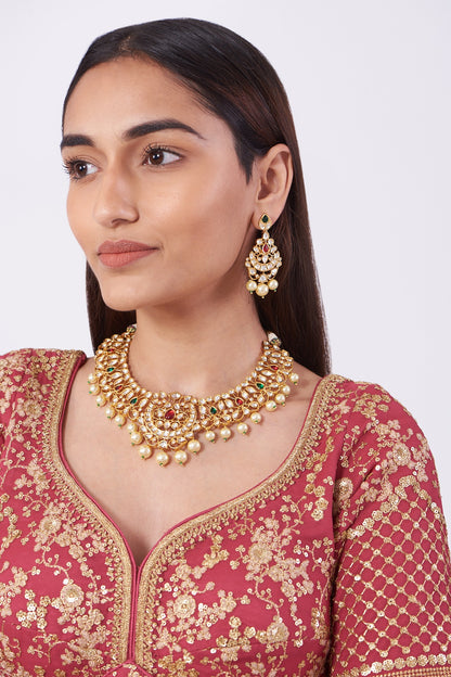 Gold Finish Red & Green Beaded Necklace Set