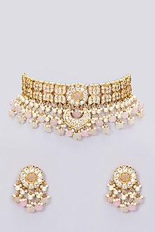 Gold Finish Kundan Polki & Beaded Choker Necklace Set