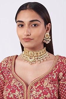 Gold Finish Kundan Polki & Beaded Choker Necklace Set
