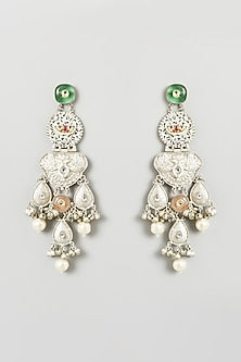 Oxidised Finish Multi-Colored Stone & Pearl Dangler Earrings