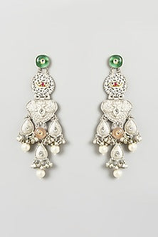 Oxidised Finish Multi-Colored Stone & Pearl Dangler Earrings