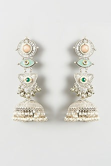 Oxidised Finish Multi-Colored Stone & Pearl Dangler Earrings