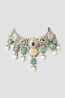 Oxidised Finish Kundan Polki & Pearl Choker Necklace