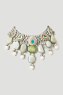 Oxidised Finish Kundan Polki & Multi-Colored Natural Stone Choker Necklace