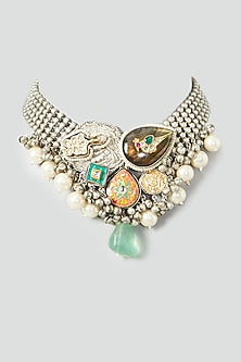 Oxidised Finish Kundan Polki & Multi-Colored Natural Stone Choker Necklace