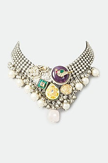 Oxidised Finish Kundan Polki & Multi-Colored Natural Stone Choker Necklace