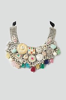 Oxidised Finish Kundan Polki & Multi-Colored Natural Stone Necklace