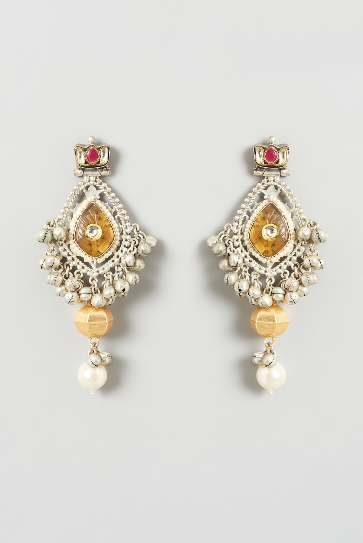 Oxidised Finish Kundan Polki & Pearl Dangler Earrings