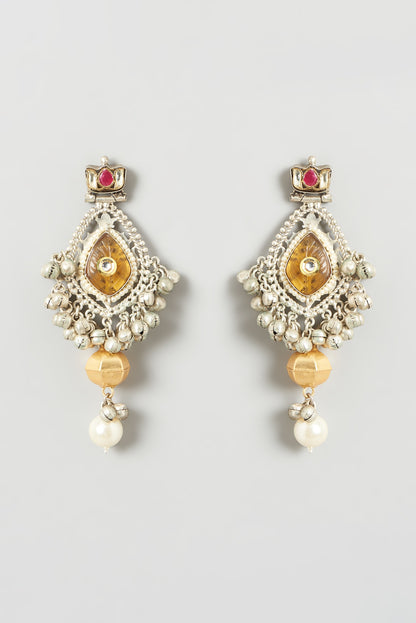 Oxidised Finish Kundan Polki & Pearl Dangler Earrings