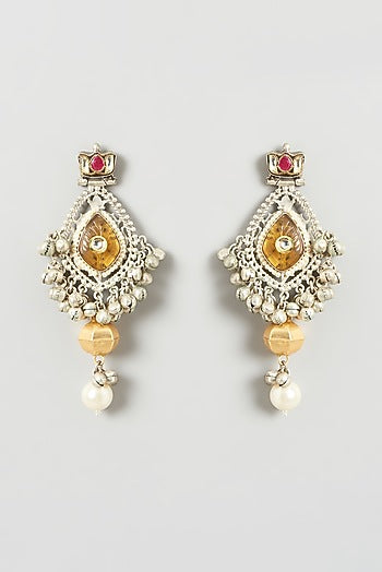 Oxidised Finish Kundan Polki & Pearl Dangler Earrings