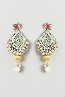 Oxidised Finish Kundan Polki & Pearl Dangler Earrings