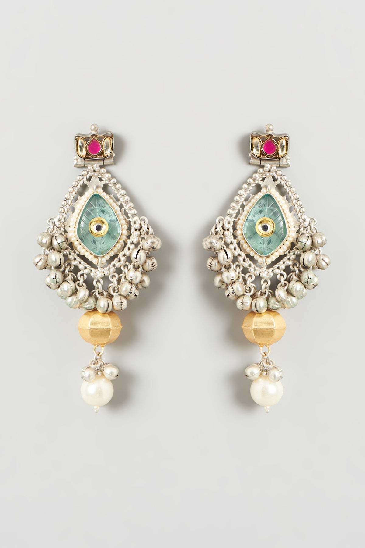 Oxidised Finish Kundan Polki & Pearl Dangler Earrings