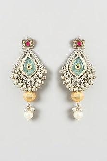 Oxidised Finish Kundan Polki & Pearl Dangler Earrings