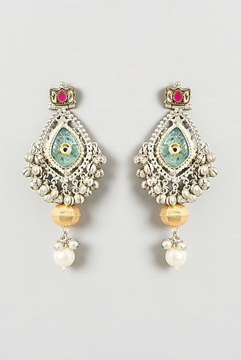 Oxidised Finish Kundan Polki & Pearl Dangler Earrings