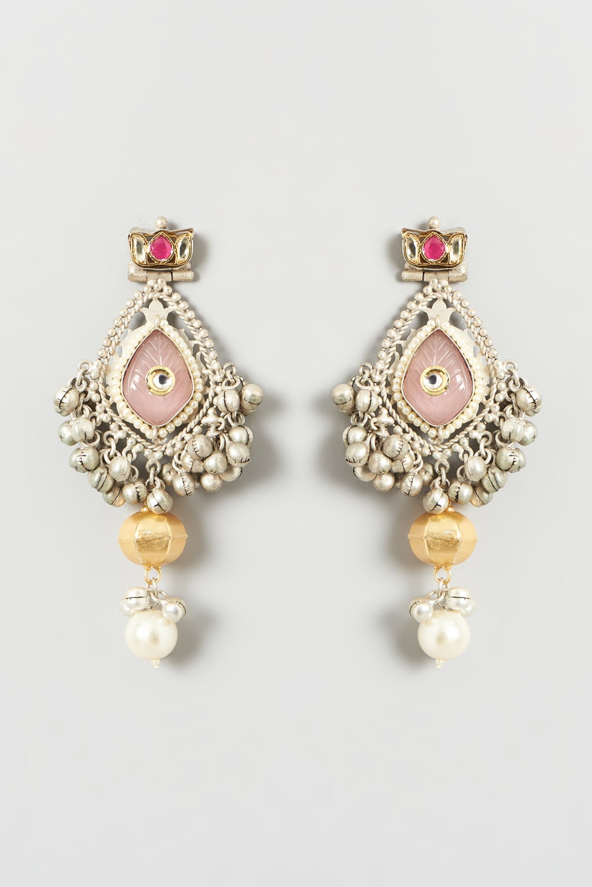 Oxidised Finish Kundan Polki & Pearl Dangler Earrings