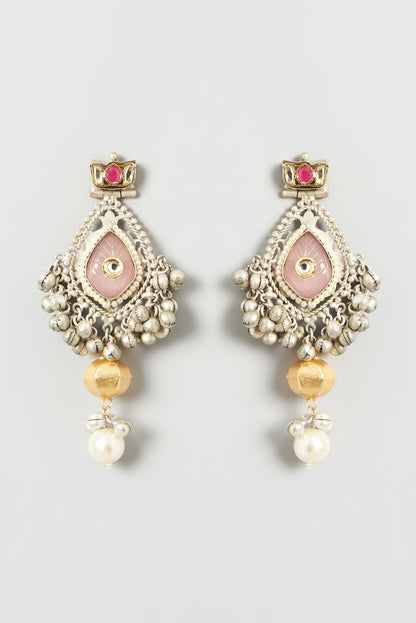 Oxidised Finish Kundan Polki & Pearl Dangler Earrings