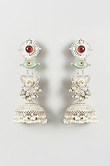 Oxidised Finish Multi-Colored Stone & Pearl Jhumka Earrings