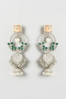 Oxidised Finish Green Stone & Pearl Dangler Earrings
