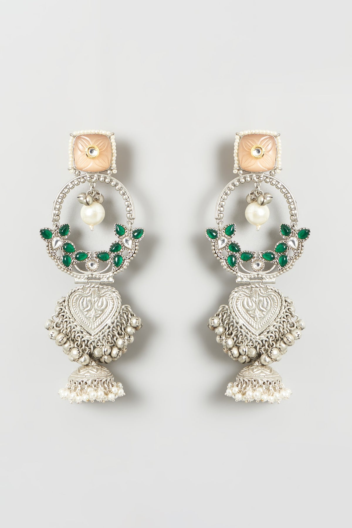 Oxidised Finish Green Stone & Pearl Dangler Earrings