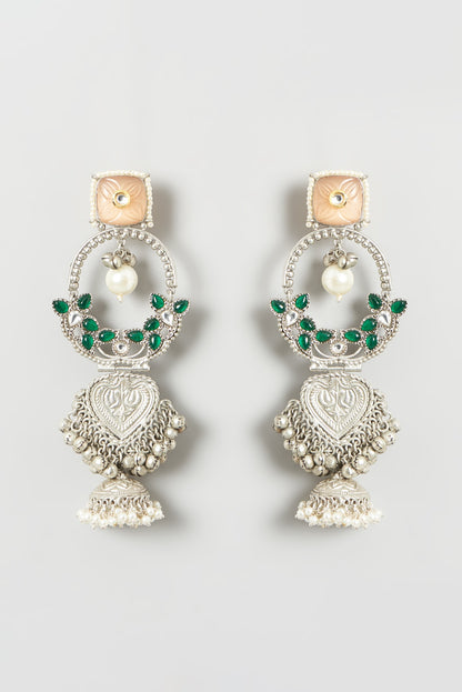Oxidised Finish Green Stone & Pearl Dangler Earrings