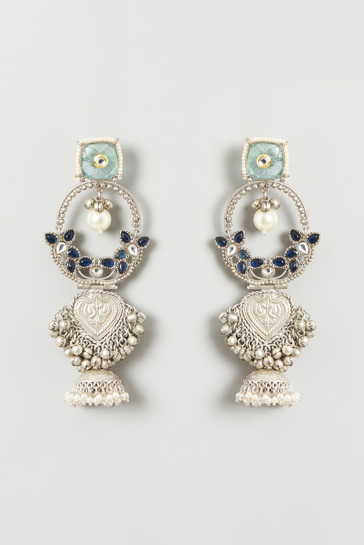 Oxidised Finish Multi-Colored Stone & Pearl Dangler Earrings